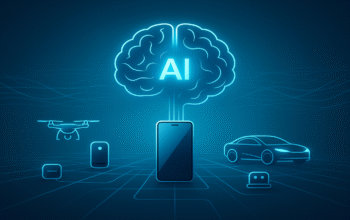 Futuristic illustration showing a professional working with real-time data, AI interfaces, and edge computing devices across industries like healthcare, mobility, and smart cities.