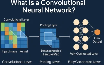 A 2D digital educational graphic illustrating the architecture of a Convolutional Neural Network (CNN), featuring labeled layers such as input, convolution, ReLU, pooling, fully connected, and output.
